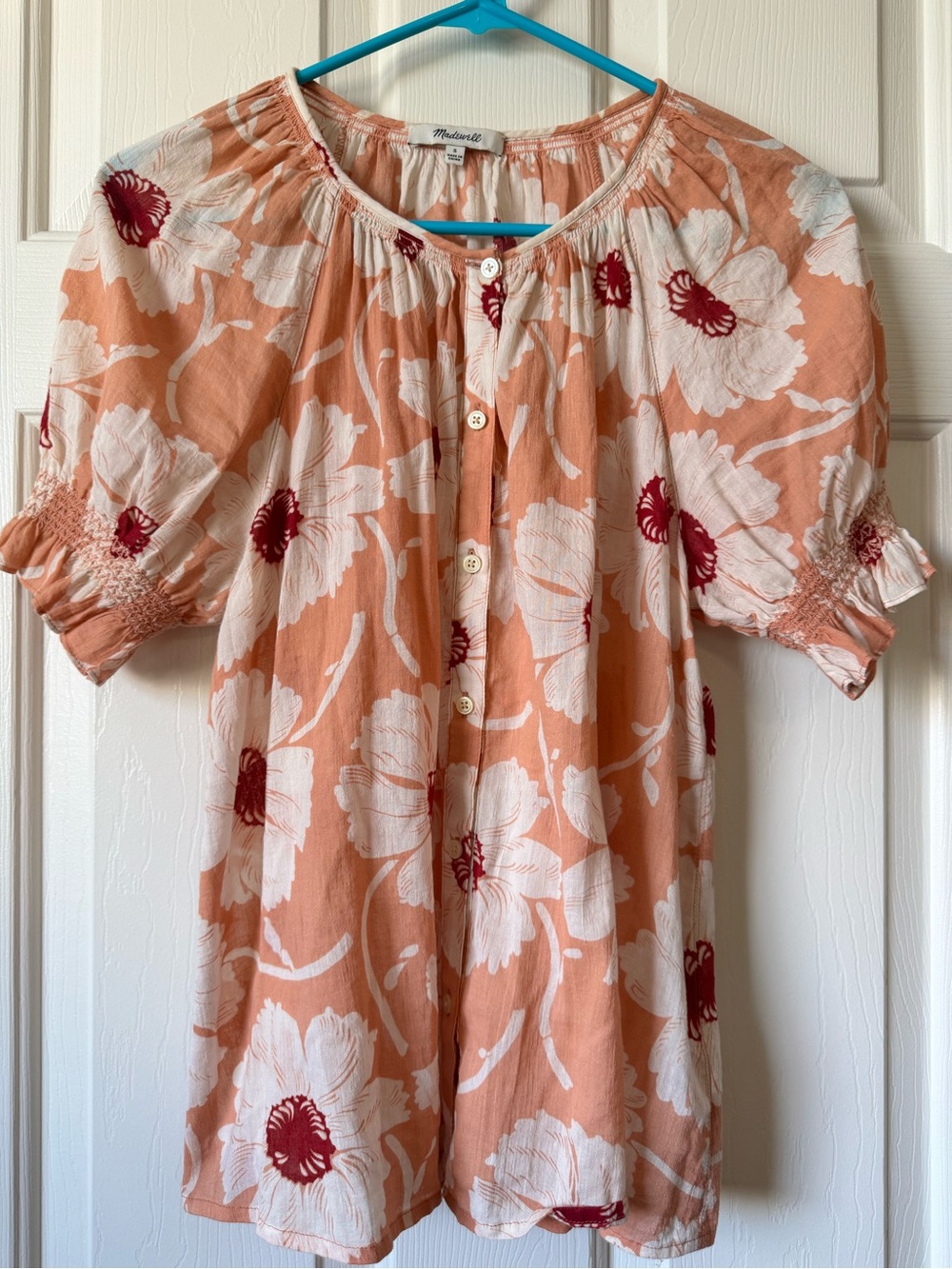 Madewell Peach and White Floral Button-Up Peasant Blouse